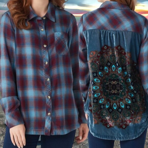 NWOT ANTHROPOLOGIE (MED) TOLANI COLLECTION Plaid and Velvet Button Up Top - Picture 1 of 8